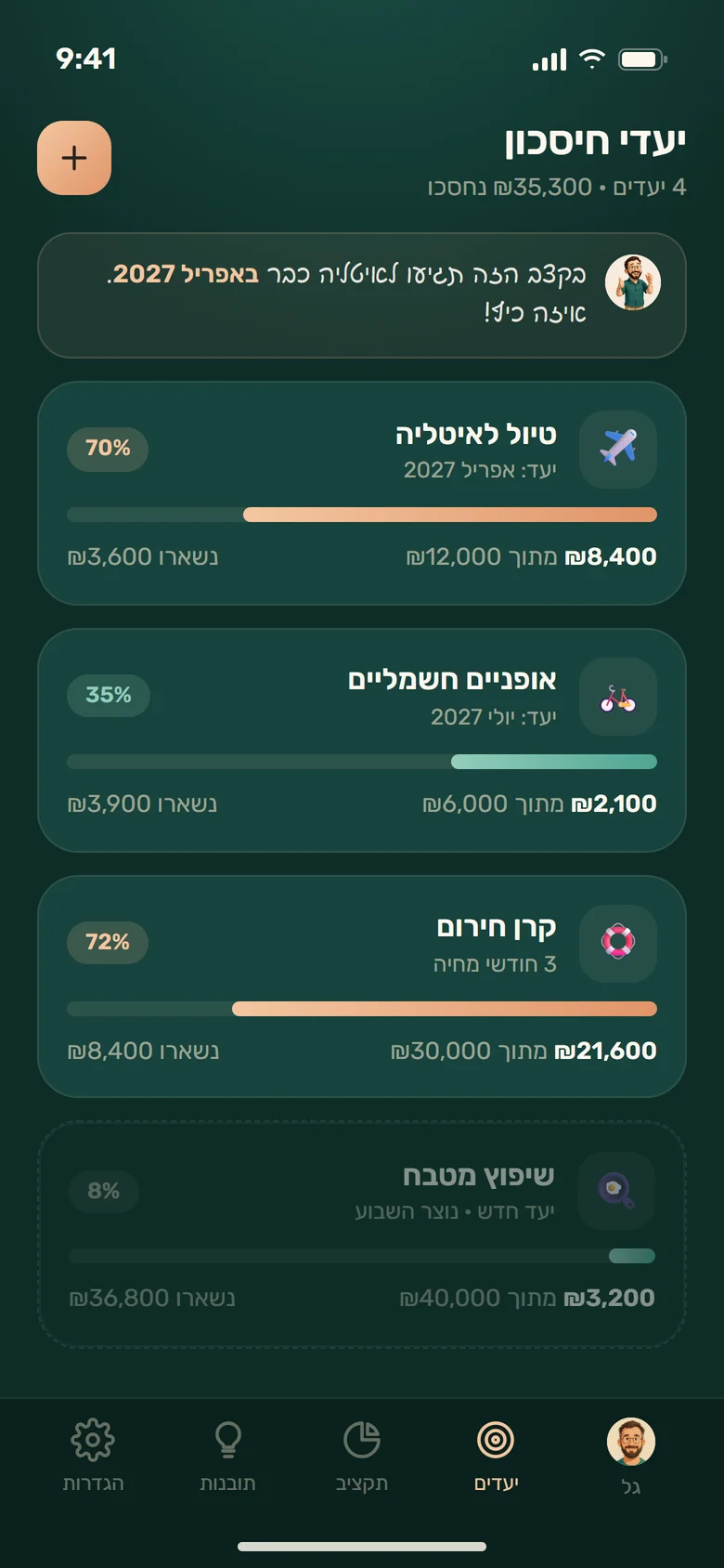 מסך יעדי חיסכון באפליקציית מאזן