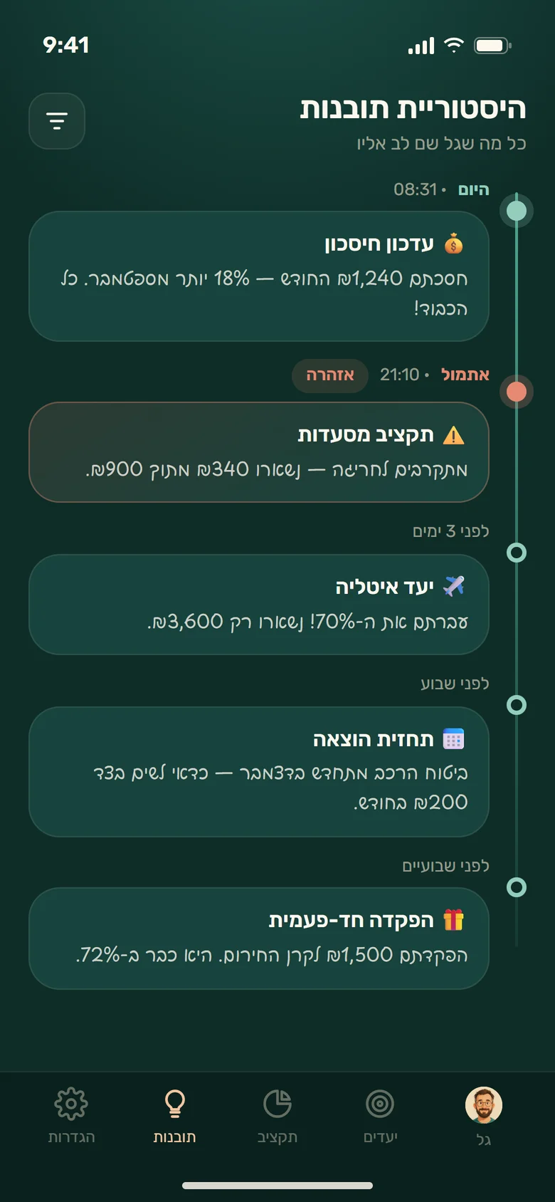 מסך היסטוריית תובנות באפליקציית מאזן
